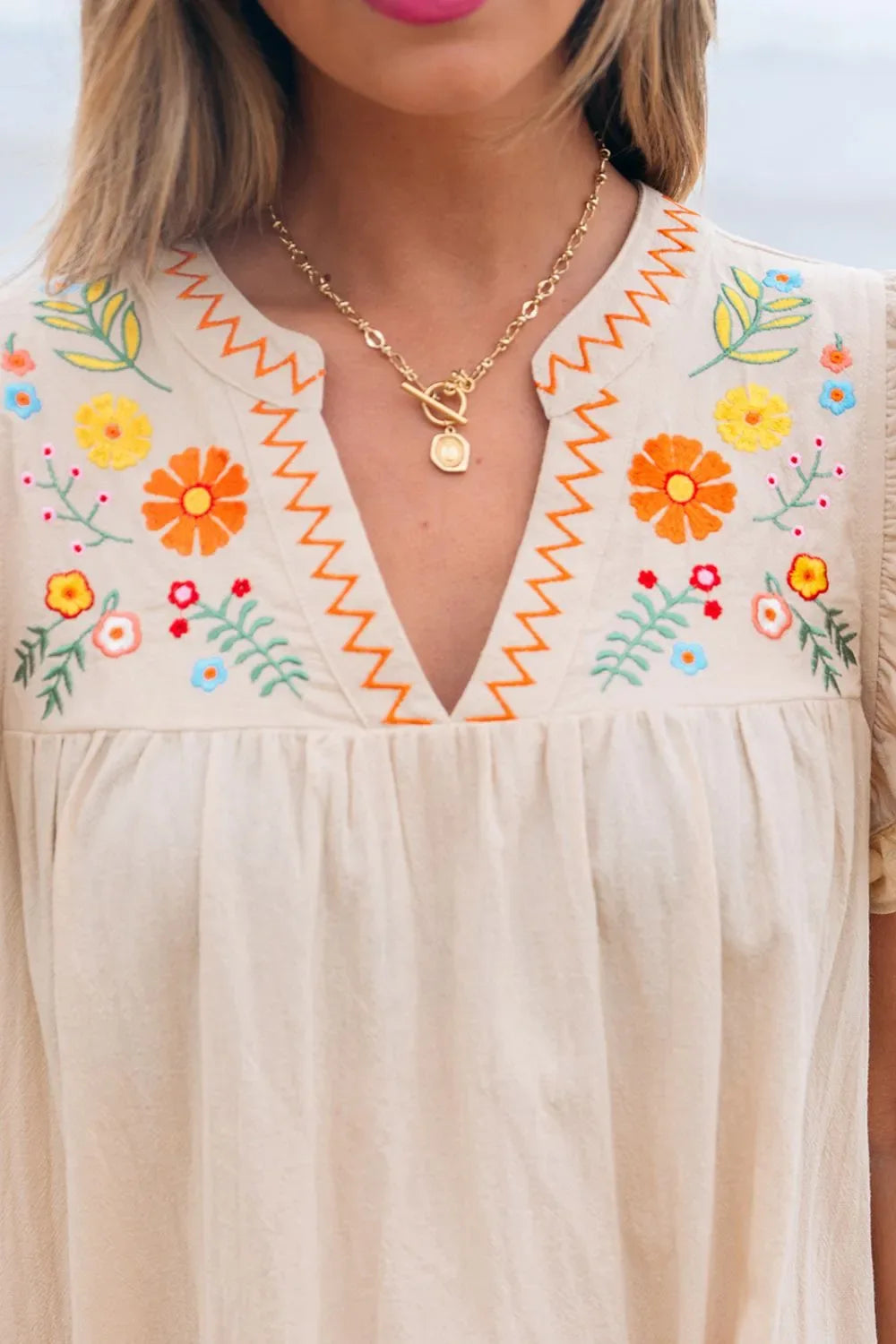 Floral Embroidery Pom Pom Ruffle Sleeves Mini Dress - Makw Official Site