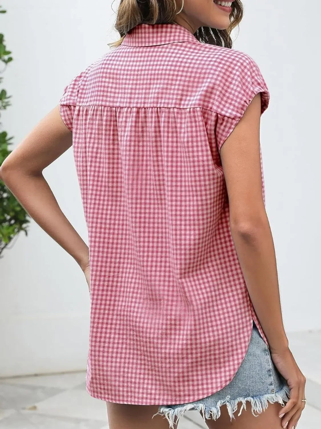 Plaid Button Up Cap Sleeve Shirt - Makw Official Site