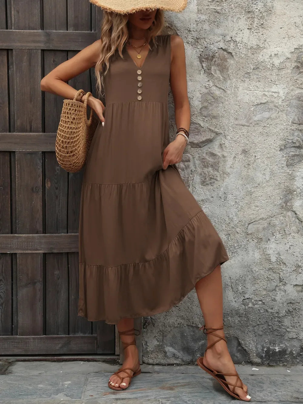 Ivy Lane Decorative Button Notched Sleeveless Dress - Makw Official Site
