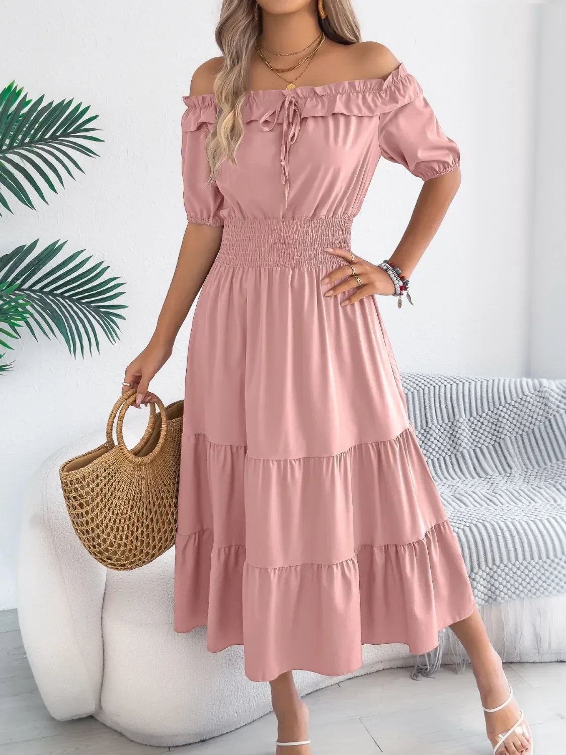 Smocked Off-Shoulder Tiered Dress - Makw Official Site