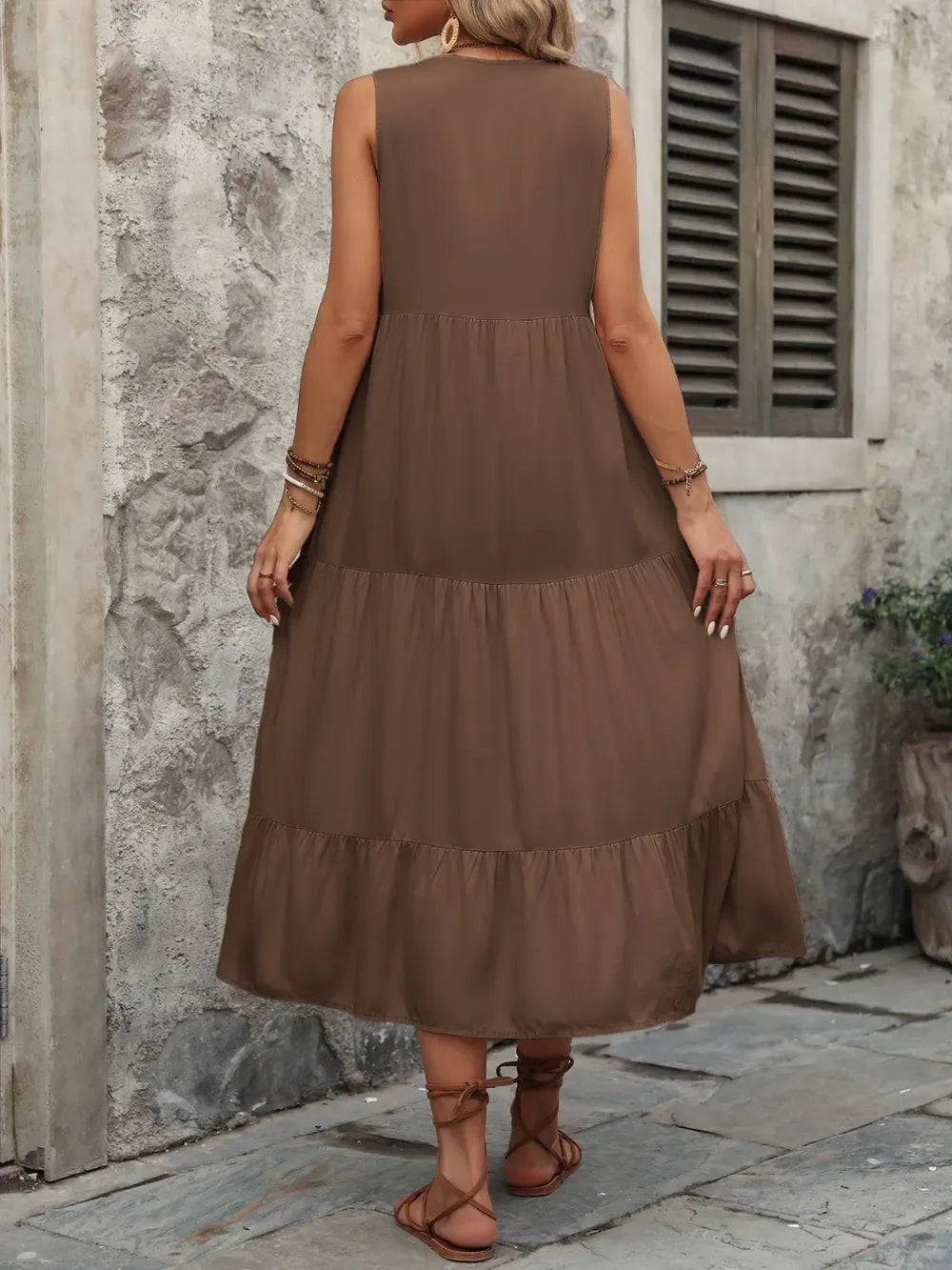 Ivy Lane Decorative Button Notched Sleeveless Dress - Makw Official Site