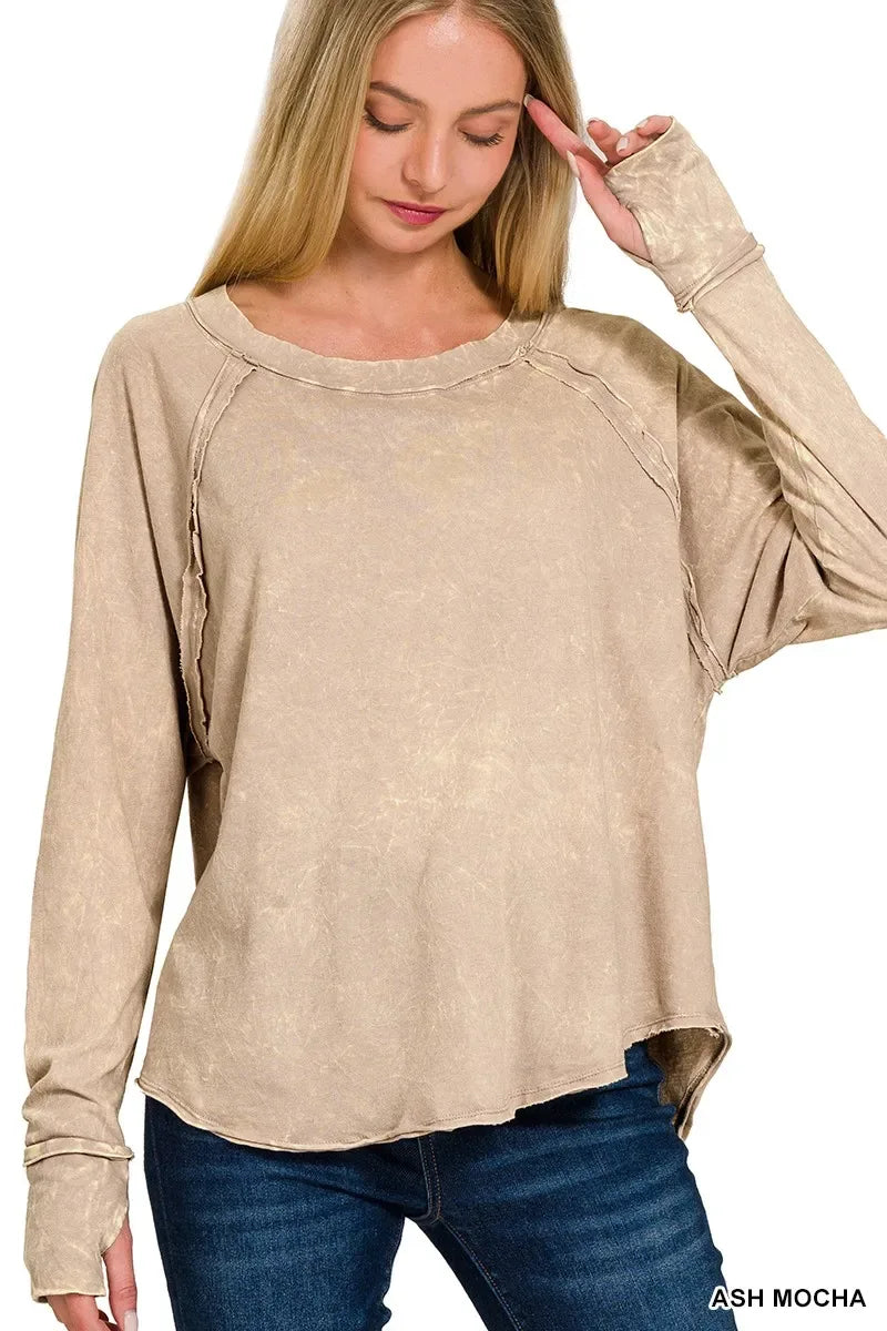 Zenana Crinkle Washed Thumb Hole Cuffs Long Sleeve Top - Makw Official Site
