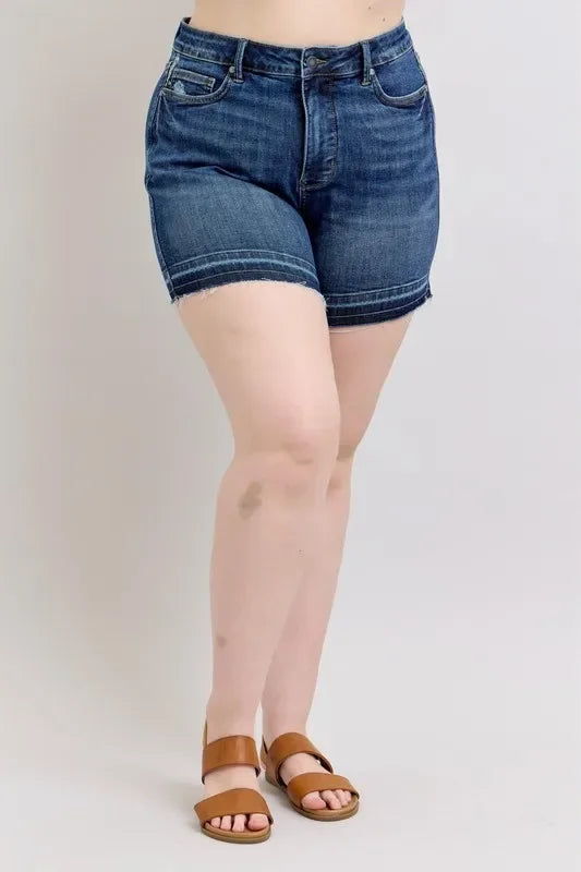 Judy Blue Plus Size HW Tummy Control Destroy Release Hem Denim Shorts - Makw Official Site