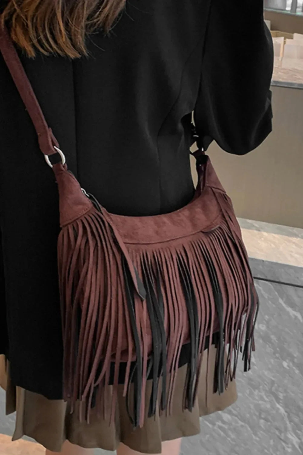 Suede Fringe Adjustable Strap Shoulder Bag - Makw Official Site
