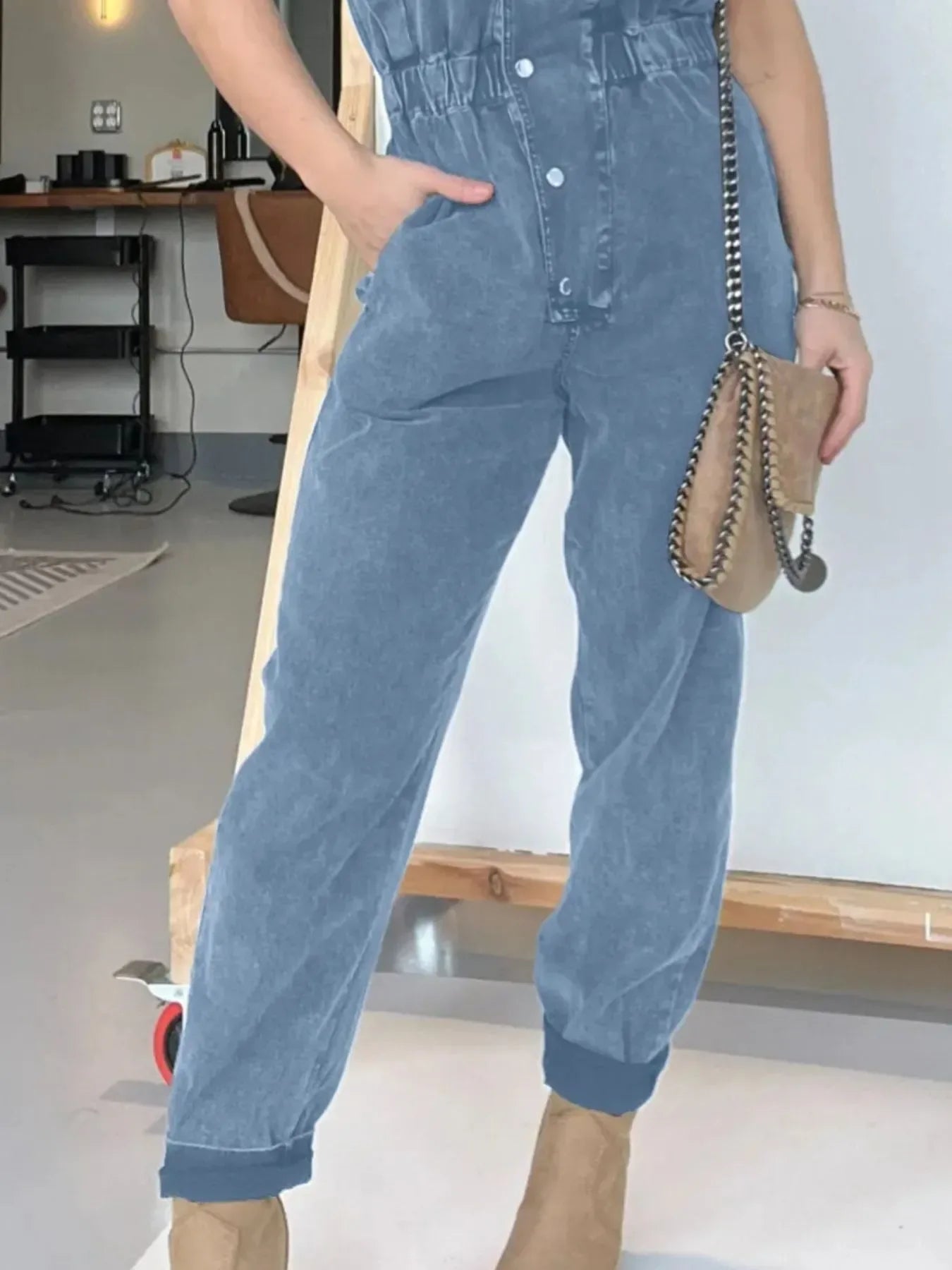 Full Size Button Front Cap Sleeve Denim Jumpsuit Plus Size - Makw Official Site