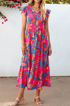 Boho Floral V Neck Ruffle Tiered Dress - Makw Official Site