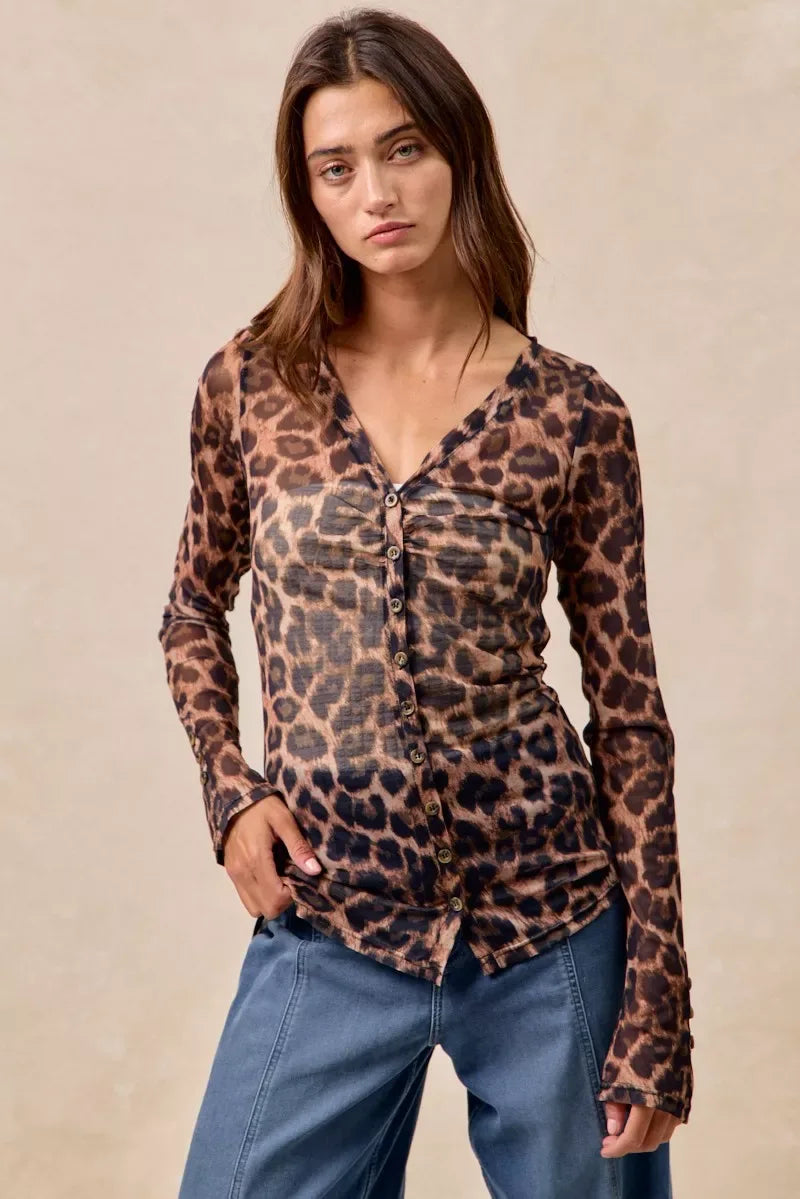BiBi Leopard Printed Mesh Shirt With Button Up V Neck - Makw Official Site