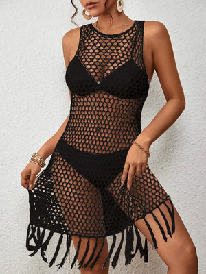 Tassel Hem Hollow Out Sleeveless Cover Up - Makw Official Site