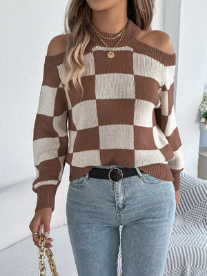 Cold Shoulder Checkered Long Sleeve Sweater - Makw Official Site
