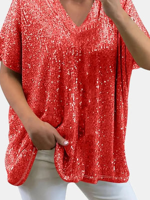 Full Size Sequin V-Neck Short Sleeve Top - Makw Official Site