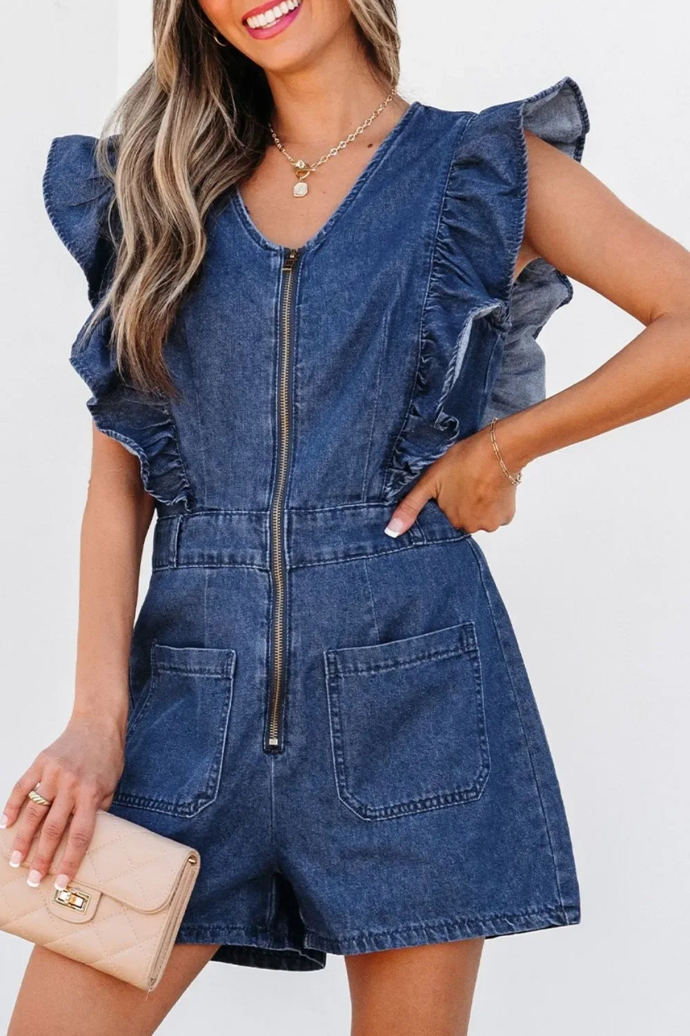 Denim Ruffled Zipped Front Belted Romper - Makw Official Site