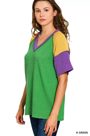 Zenana Mardi Gras Raised Rib Color Block Top - Makw Official Site