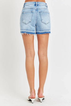 RISEN High Rise Distressed Hem Denim Shorts - Makw Official Site