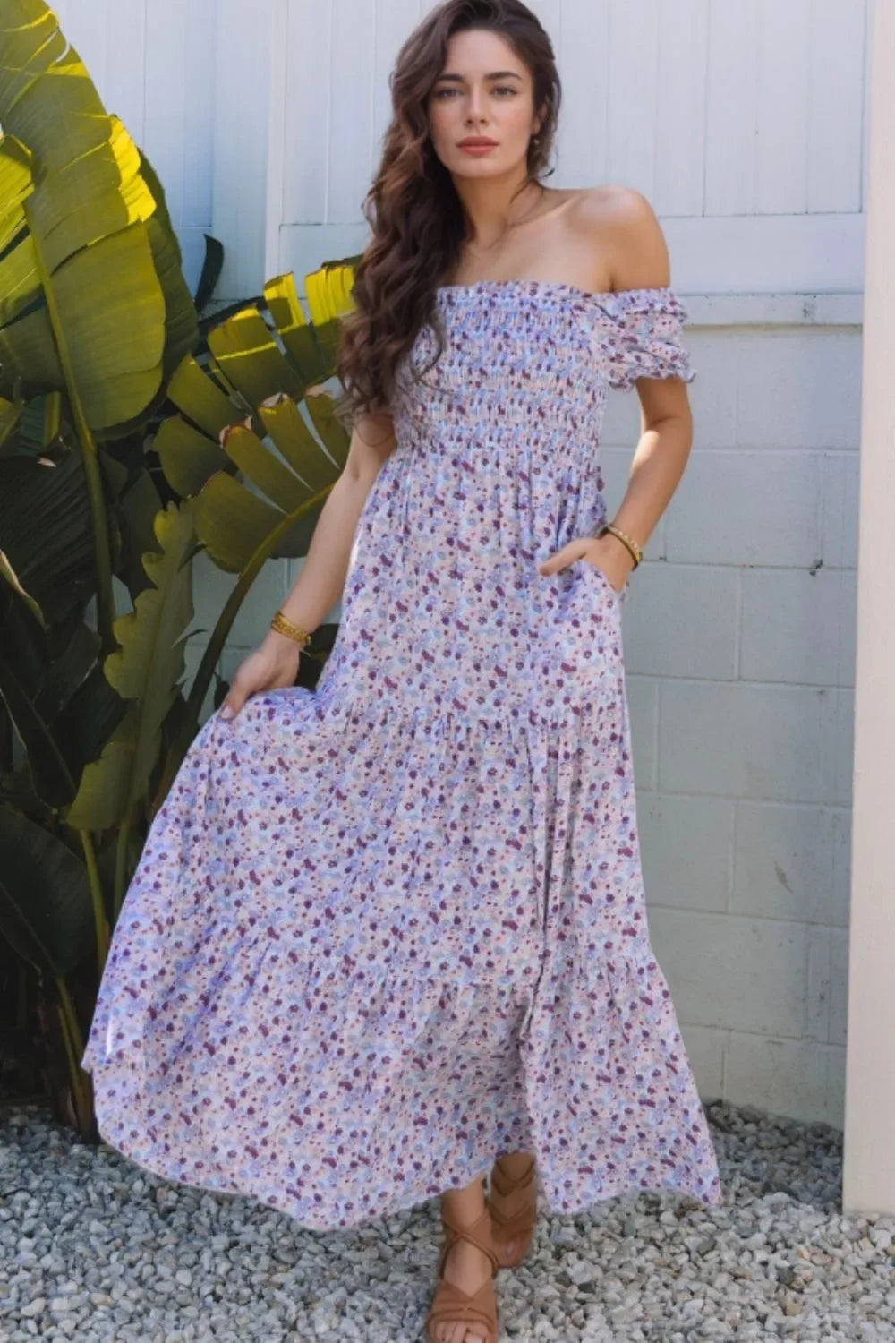 Tiered Floral Shirred High Waist Maxi Dress - Makw Official Site
