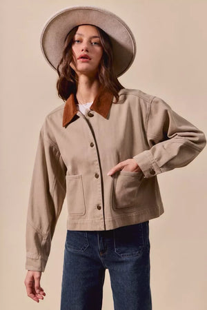 SO ME Cotton Twill Cropped Barn Jacket wtih Collar - Makw Official Site