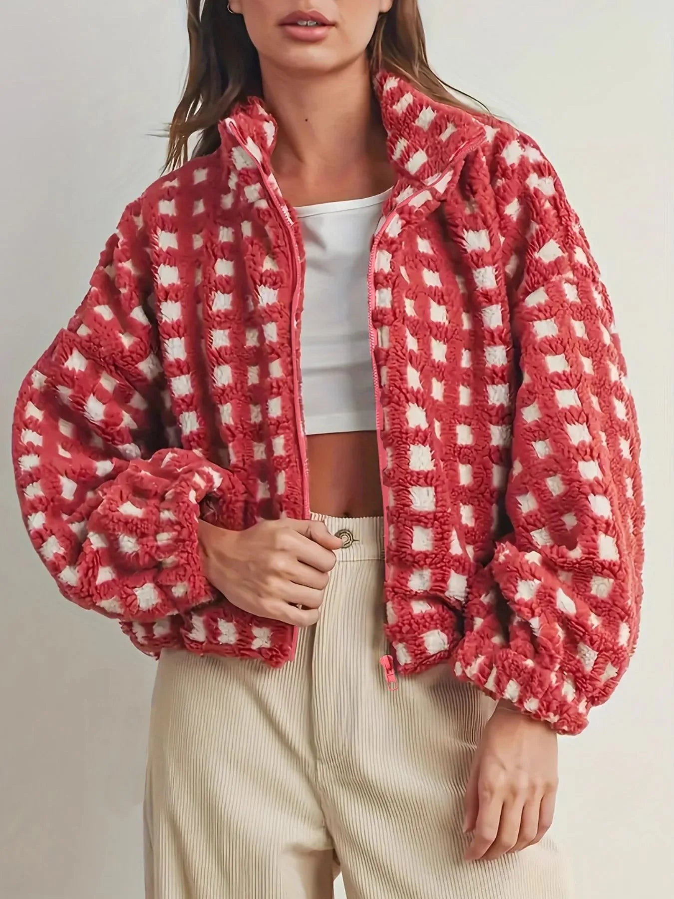 Fleece Checkered Puff Sleeve Bomber Jacket - Makw Official Site