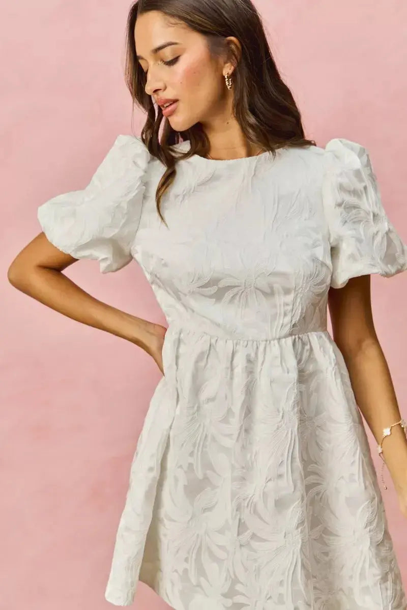 SO ME Floral Jacquard Bubble Shorts Sleeves Mini Dress - Makw Official Site