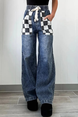 Checkered Wide Leg Jeans - Makw Official Site
