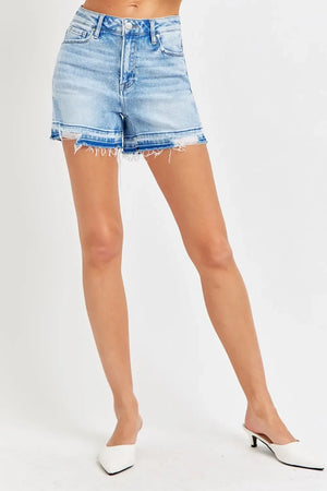 RISEN High Rise Distressed Hem Denim Shorts - Makw Official Site