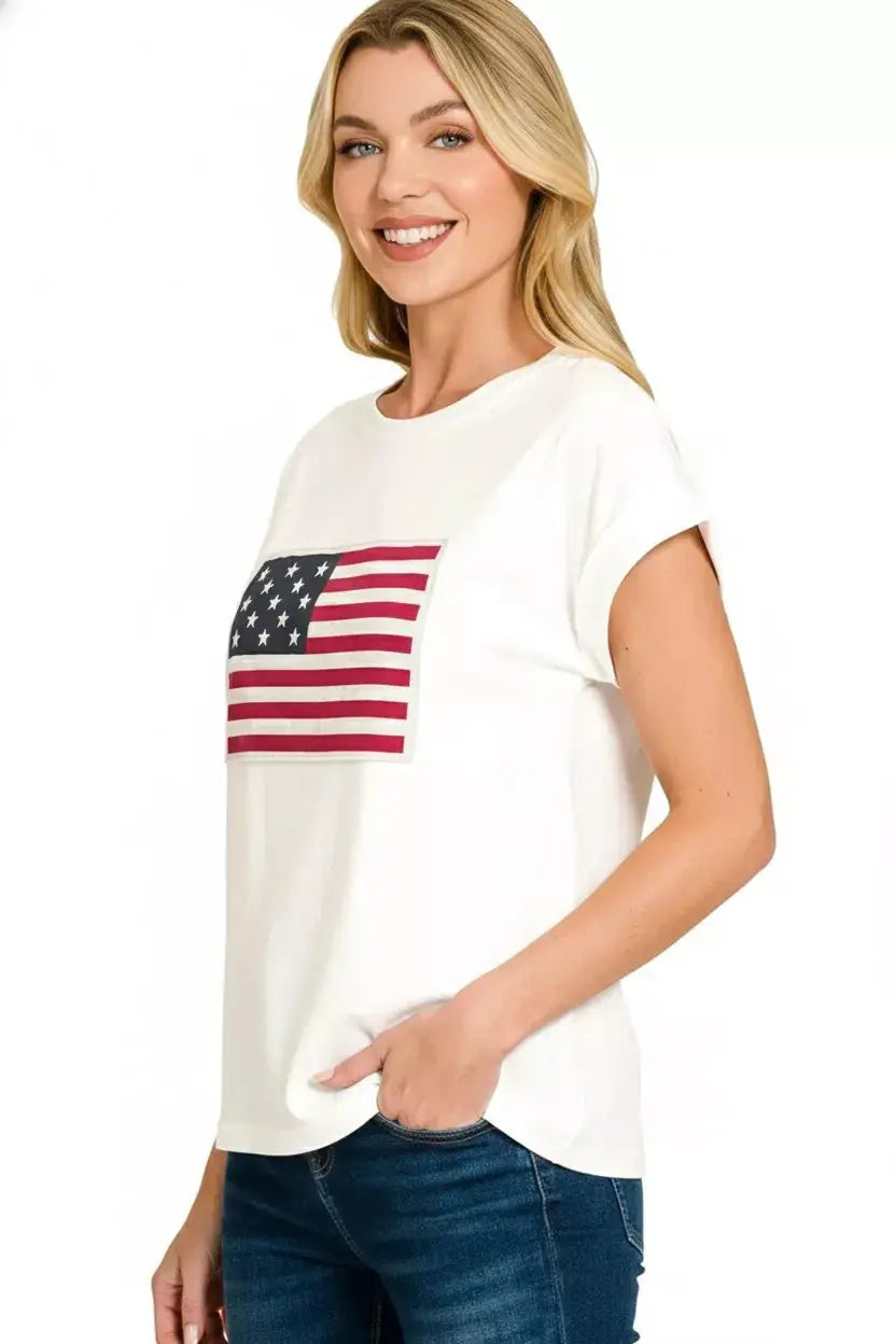 Zenana Full Size US Flag Round Neck Short Sleeve T-Shirt Plus Size - Makw Official Site