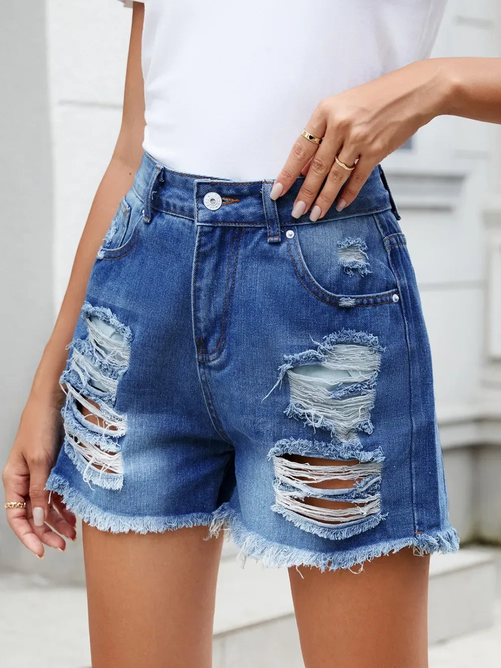 Distressed Raw Hem Denim Shorts - Makw Official Site