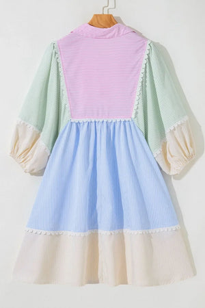 Striped Patchwork Ric Rac Puff Sleeve Collared Mini Dress - Makw Official Site