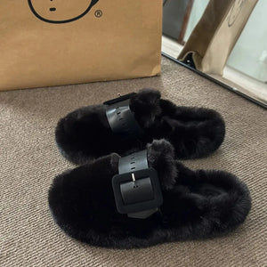 Faux Fur Buckle Slippers - Makw Official Site