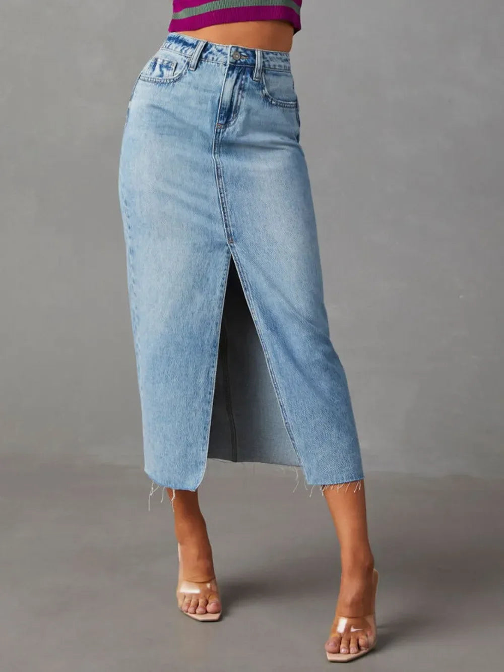 Raw Hem Front Slit Denim Midi Skirt - Makw Official Site