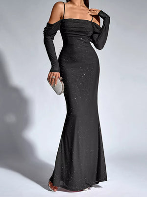 Glitter Ruched Long Sleeve Mermaid Maxi Dress - Makw Official Site