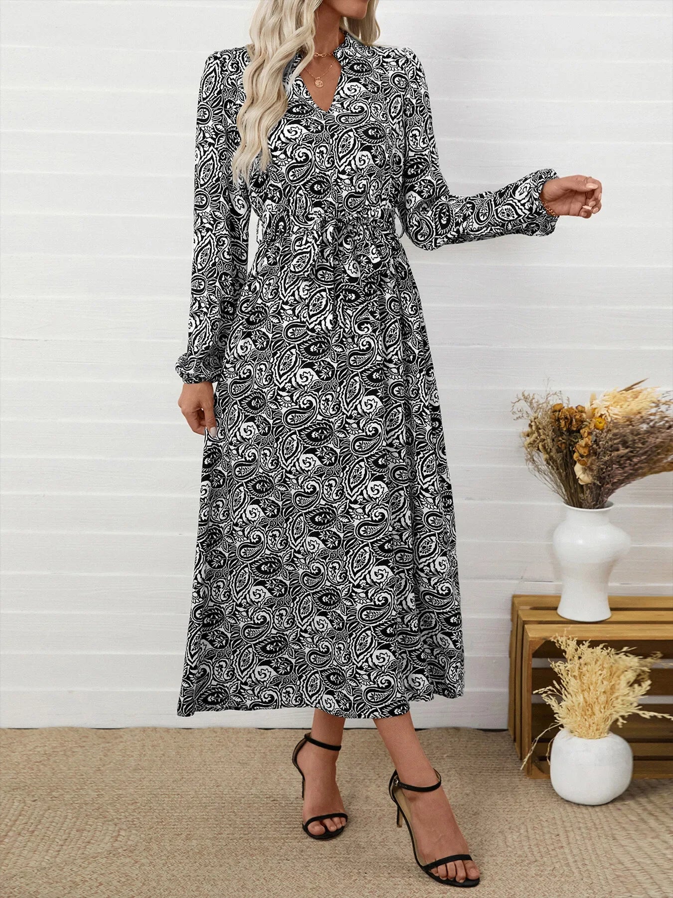 Paisley Print Long Sleeve Midi Dress - Makw Official Site