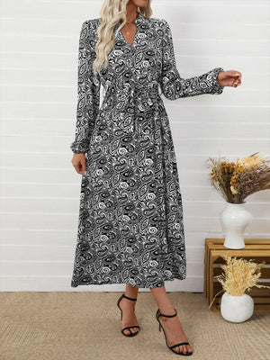 Paisley Print Long Sleeve Midi Dress - Makw Official Site