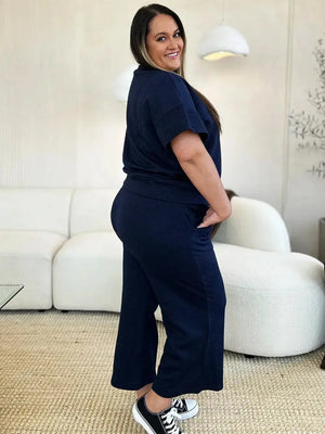 Double Take Full Size Texture Short Sleeve Top and Pants Set - Makw Official Site