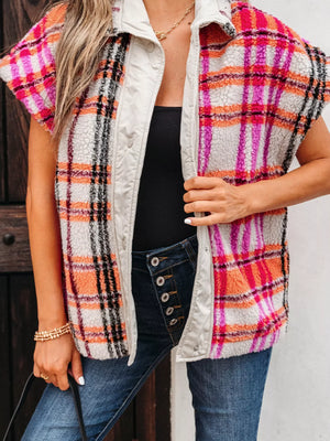 Sherpa Plaid Snap Down Vest Coat - Makw Official Site