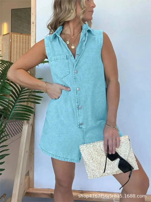 Button Front Sleeveless Denim Romper - Makw Official Site