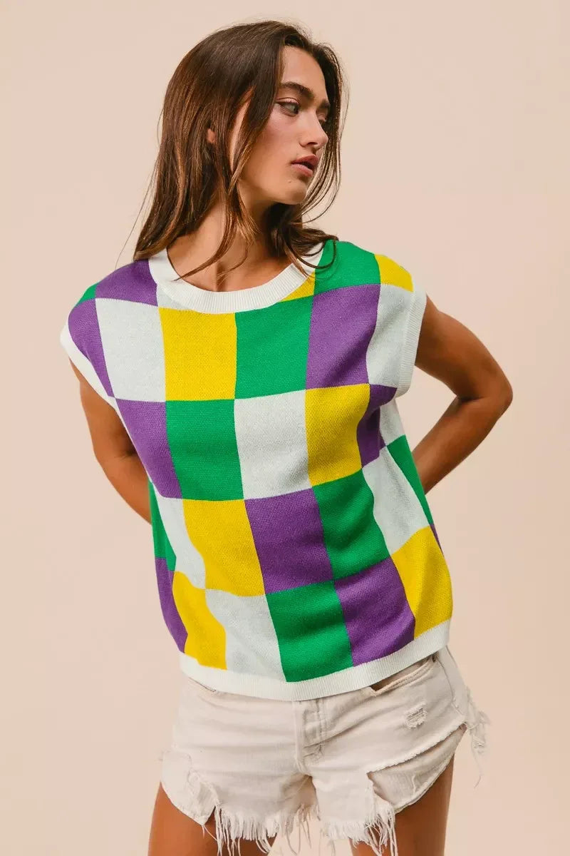 BiBi Mardi Gras Checker Pattern Sleeveless Sweater Top - Makw Official Site