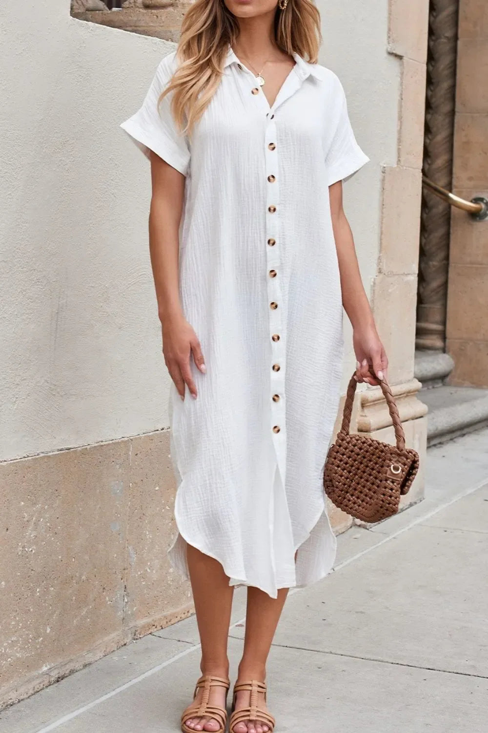 Button Down Short Sleeve Midi Shirt Dress - Makw Official Site