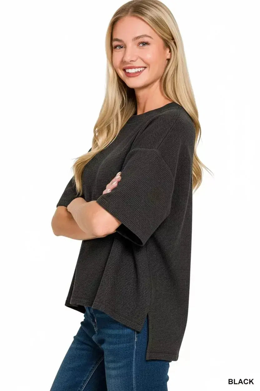 Zenana Full Size Double Knit Side Slits Hi Low Short Sleeve Top Plus Size - Makw Official Site