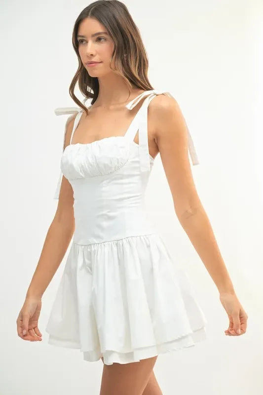 MABLE Shoulder Tie Corset Panel Mini Dress - Makw Official Site