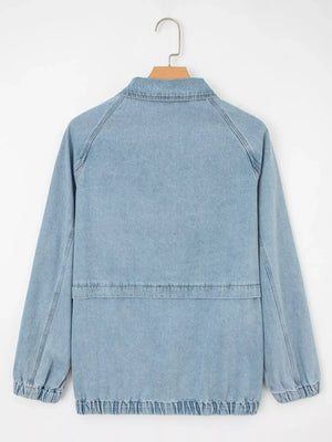 Elastic Edge Collared Zip Up Denim Jacket With Pocket - Makw Official Site