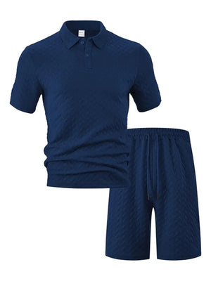 Men's Full Size Textured Polo Shirt and Shorts Set Plus Size - Makw Official Site