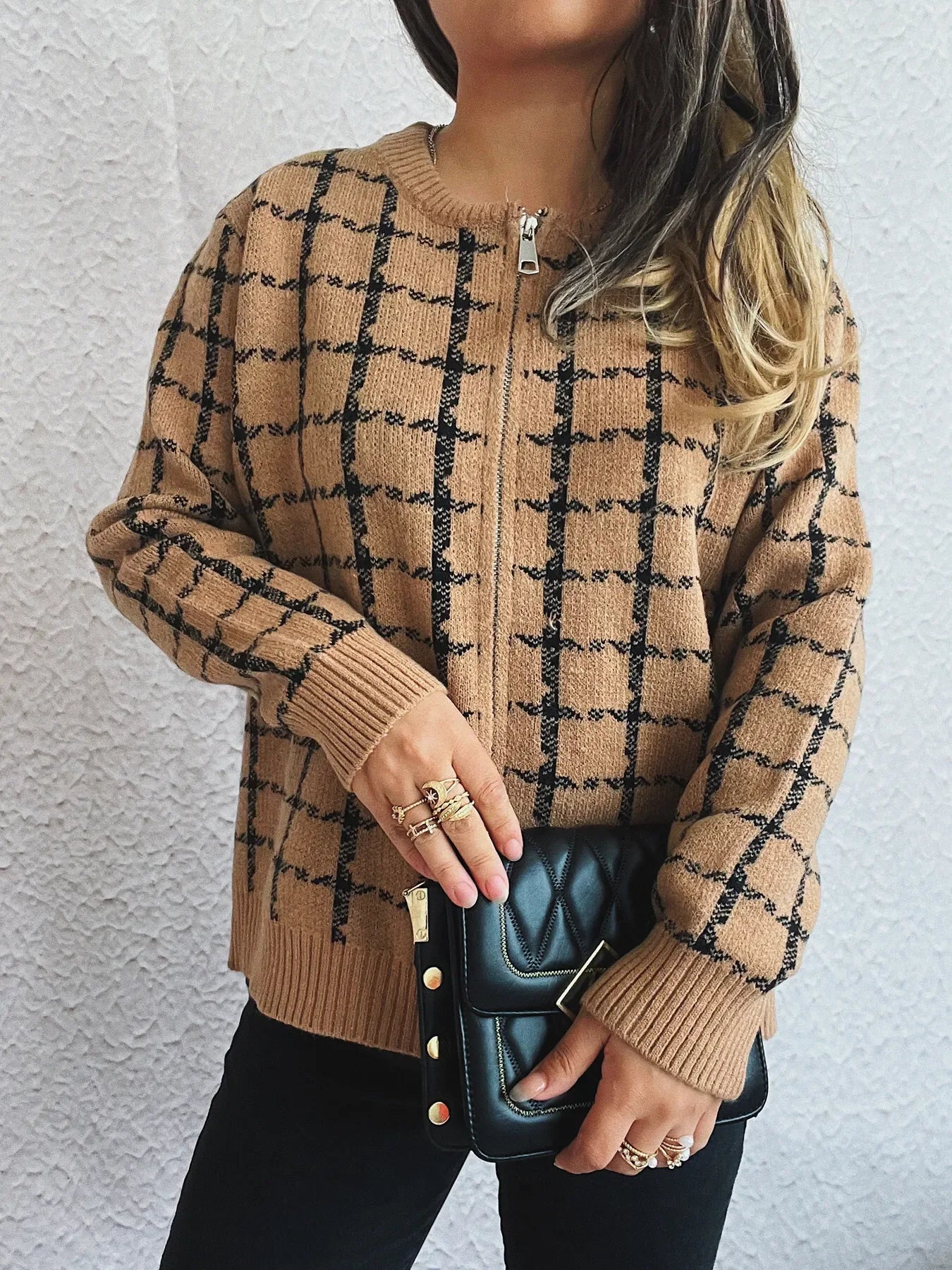 Plaid Pattern Zip Up Cardigan - Makw Official Site