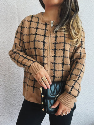 Plaid Pattern Zip Up Cardigan - Makw Official Site