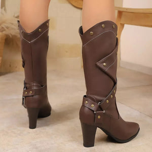 Riveted Criss-Cross Strap Heeled Boots - Makw Official Site