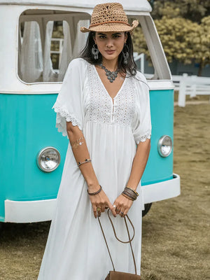 Lace Detail Eyelet V-Neck Half Sleeve Dress - Makw Official Site