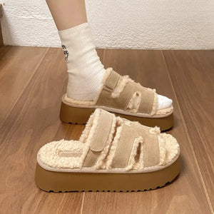 Fluffy Platform Velcro Slippers - Makw Official Site
