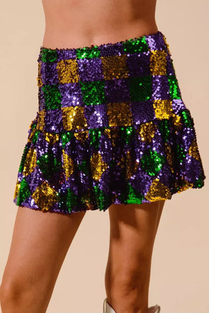 SO ME Mardi Gras Checker Sequins Mini Skirt - Makw Official Site