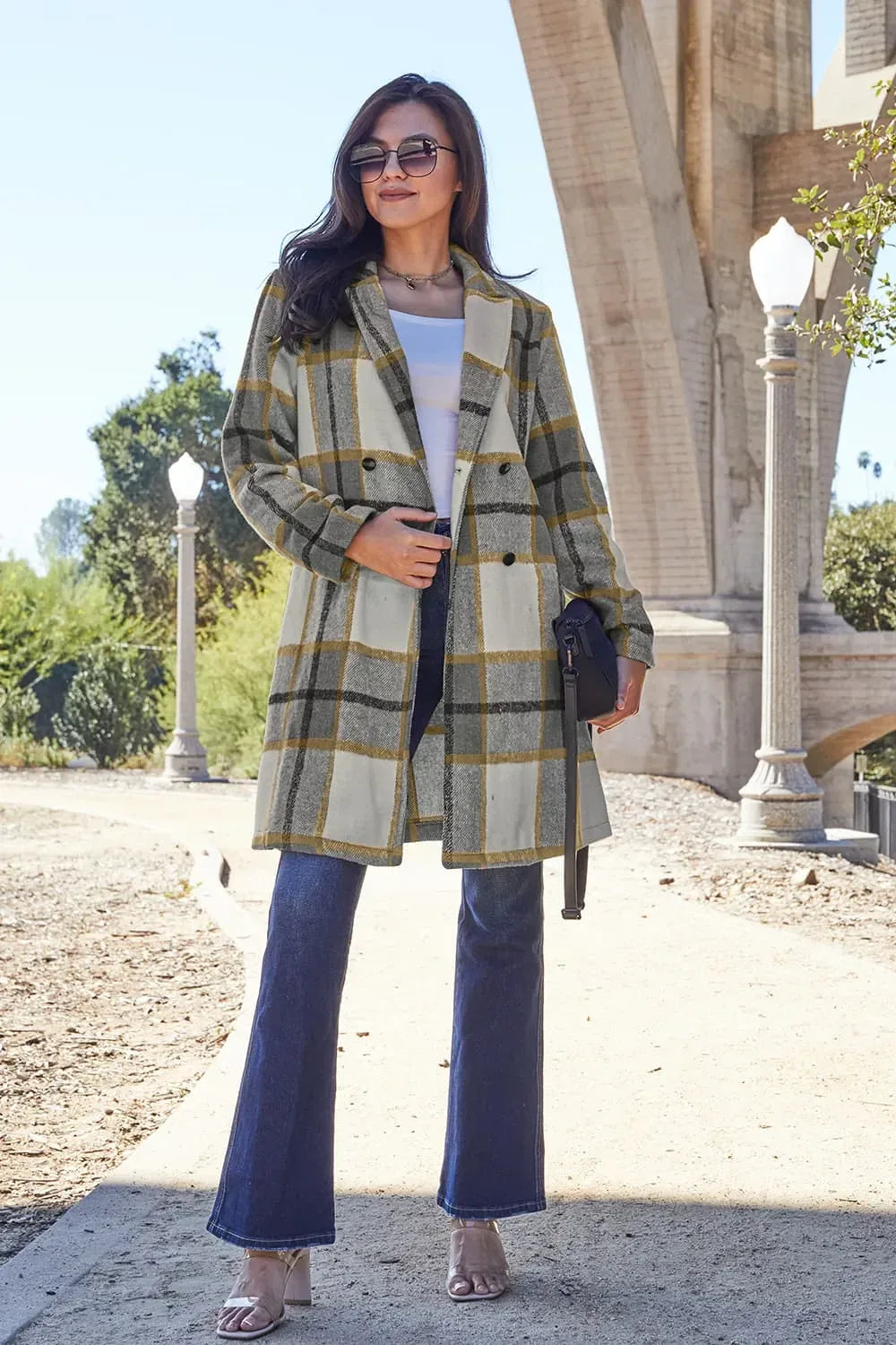 Double Take Full Size Plaid Button Up Lapel Collar Coat - Makw Official Site