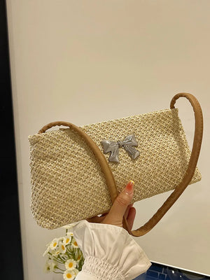 Woven Straw Shoulder Bag with Bow Detail - Makw Official Site