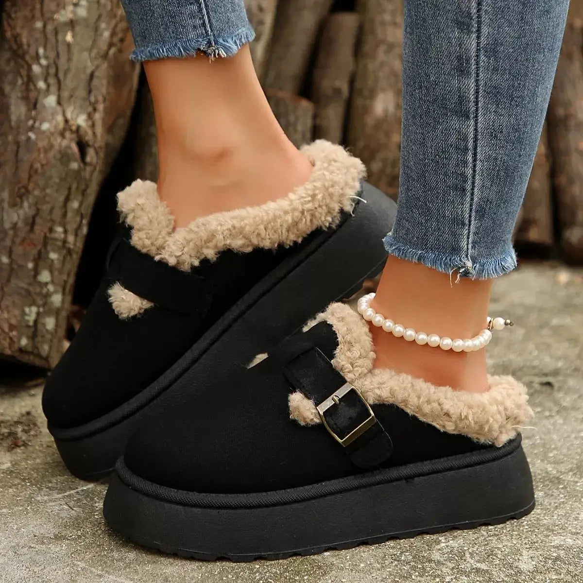 Fuzzy Trim Buckle Platform Slippers - Makw Official Site