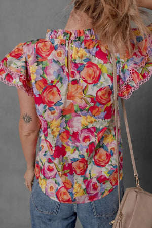 Lace Trim Ruffle Cap Sleeve Floral Blouse - Makw Official Site